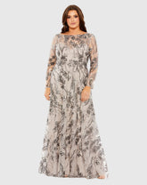 Beige Embroidered Long Sleeve A Line Gown (Plus)